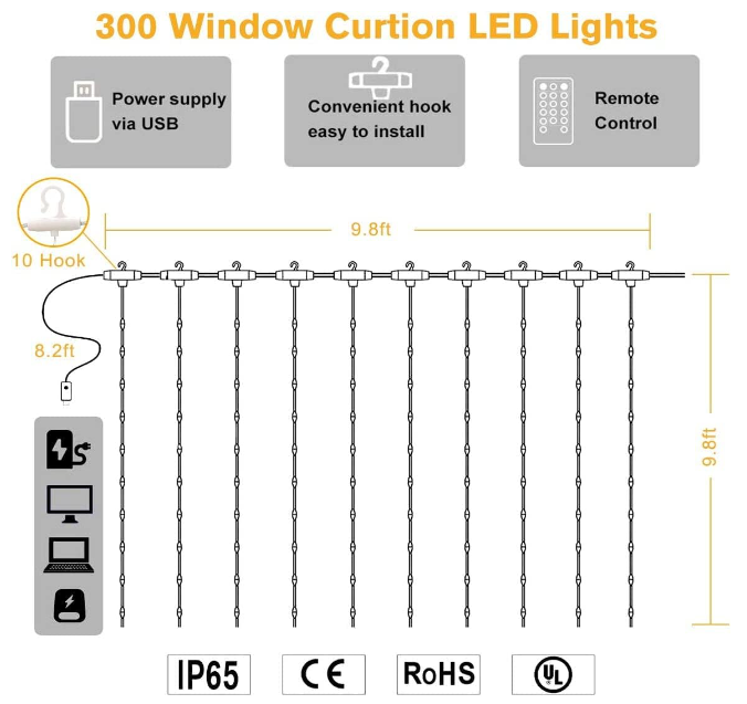 Curtain Lights, Fairy Lights for Bedroom: 300 LEDs Warm White Twinkle Lights with 8 Modes - Toys Winner