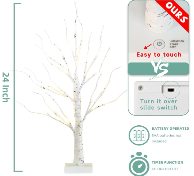 Lighted Birch Tree for Christmas Decor – 2 Pack 2FT Tabletop Tree with 24 Warm White Lights - Toys Winner