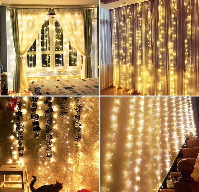 300 LEDs warm white twinkle curtain lights, 9.8 x 9.8 ft, USB-powered with 8 modes and remote timer for bedroom, patio, or indoor party decoration