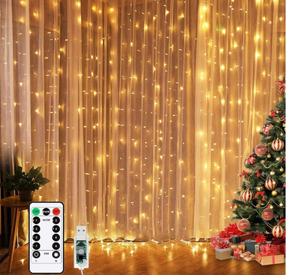 300 LEDs warm white twinkle curtain lights, 9.8 x 9.8 ft, USB-powered with 8 modes and remote timer for bedroom, patio, or indoor party decoration