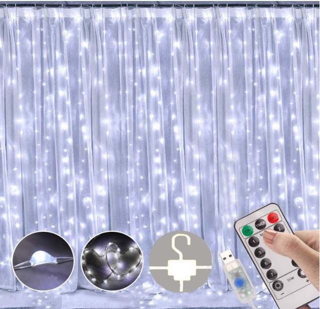 300 LEDs warm white twinkle curtain lights, 9.8 x 9.8 ft, USB-powered with 8 modes and remote timer for bedroom, patio, or indoor party decoration