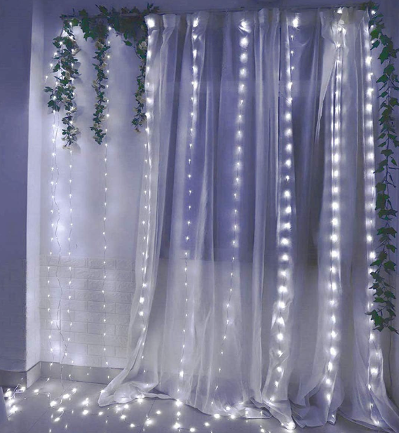 300 LEDs warm white twinkle curtain lights, 9.8 x 9.8 ft, USB-powered with 8 modes and remote timer for bedroom, patio, or indoor party decoration