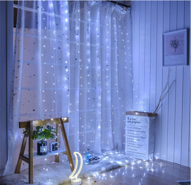 300 LEDs warm white twinkle curtain lights, 9.8 x 9.8 ft, USB-powered with 8 modes and remote timer for bedroom, patio, or indoor party decoration