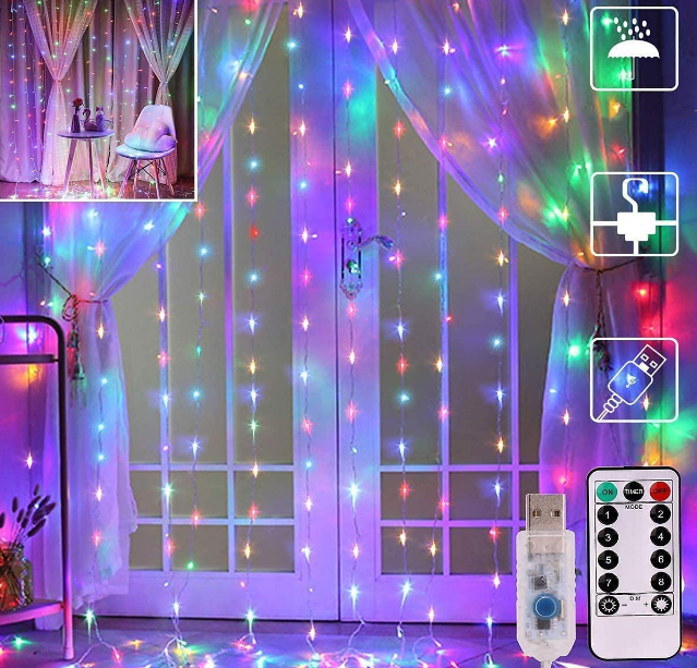 300 LEDs warm white twinkle curtain lights, 9.8 x 9.8 ft, USB-powered with 8 modes and remote timer for bedroom, patio, or indoor party decoration