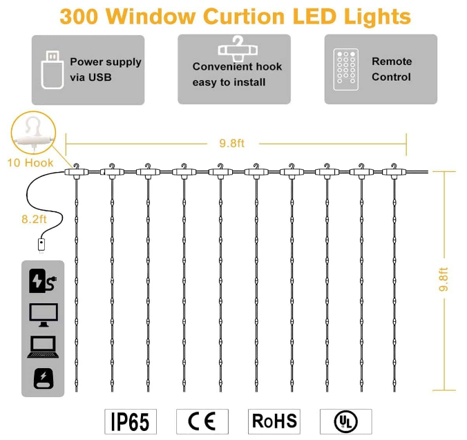 300 LEDs warm white twinkle curtain lights, 9.8 x 9.8 ft, USB-powered with 8 modes and remote timer for bedroom, patio, or indoor party decoration