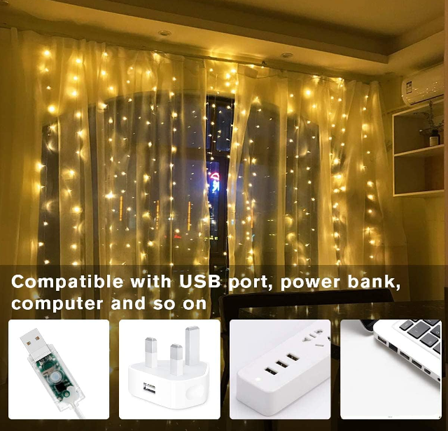 300 LEDs warm white twinkle curtain lights, 9.8 x 9.8 ft, USB-powered with 8 modes and remote timer for bedroom, patio, or indoor party decoration