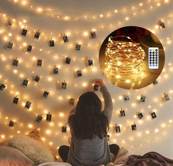 33FT 100LED Warm White USB-Powered Fairy Lights, perfect for bedroom decor, holiday lighting, and outdoor events. Flexible copper wire, remote-controlled with 8 lighting modes