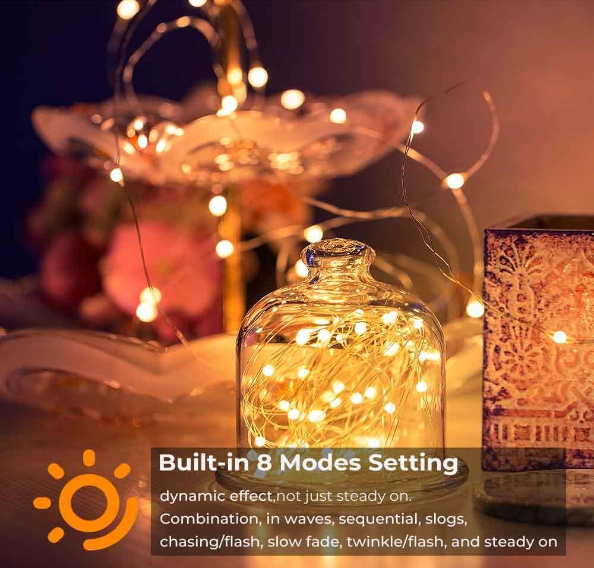 33FT 100LED Warm White USB-Powered Fairy Lights, perfect for bedroom decor, holiday lighting, and outdoor events. Flexible copper wire, remote-controlled with 8 lighting modes