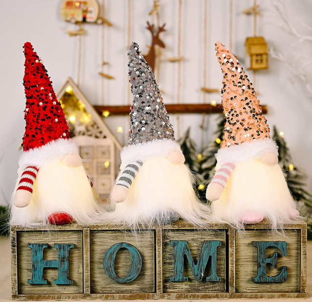 3Pcs Sequin Christmas Gnomes Plush with Light – 11.8-inch Handmade Swedish Santa Gnomes for Christmas and Thanksgiving Table Decor