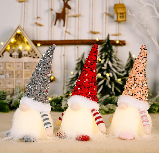 3Pcs Sequin Christmas Gnomes Plush with Light – 11.8-inch Handmade Swedish Santa Gnomes for Christmas and Thanksgiving Table Decor