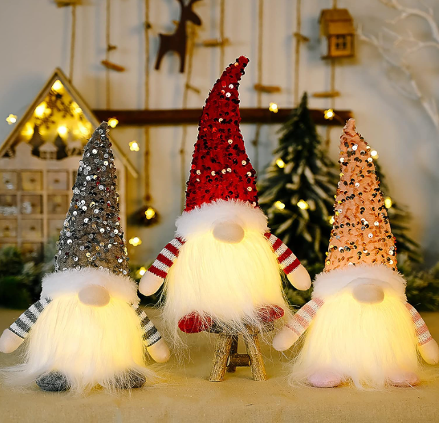 3Pcs Sequin Christmas Gnomes Plush with Light – 11.8-inch Handmade Swedish Santa Gnomes for Christmas and Thanksgiving Table Decor