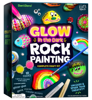 Kids Rock Painting Kit - Glow in The Dark by Dan&Darci with painted rocks, glow-in-the-dark paints, brushes, and art supplies for children ages 4-12