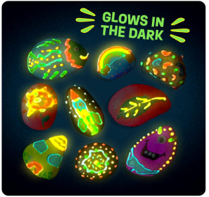 Kids Rock Painting Kit - Glow in The Dark by Dan&Darci with painted rocks, glow-in-the-dark paints, brushes, and art supplies for children ages 4-12