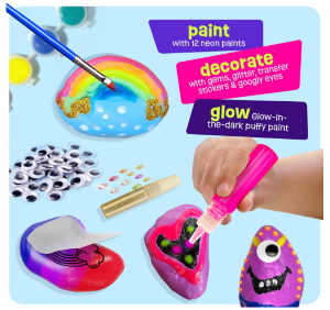 Kids Rock Painting Kit - Glow in The Dark by Dan&Darci with painted rocks, glow-in-the-dark paints, brushes, and art supplies for children ages 4-12