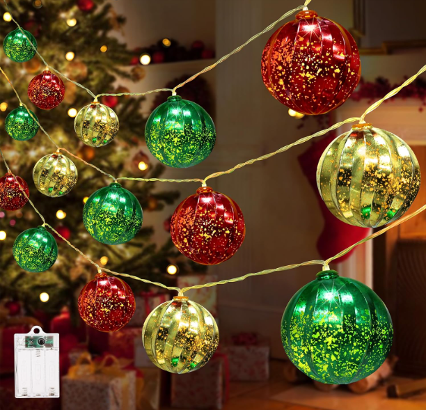 13.5ft 20 LED Battery Christmas Decorations Lights with Timer & 8 Modes - Red, Green, Golden Christmas Ball Lights for Indoor and Outdoor Holiday Decor