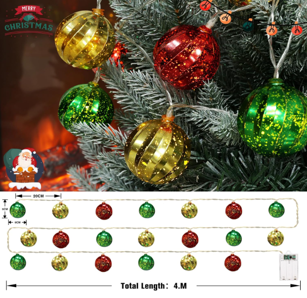 13.5ft 20 LED Battery Christmas Decorations Lights with Timer & 8 Modes - Red, Green, Golden Christmas Ball Lights for Indoor and Outdoor Holiday Decor