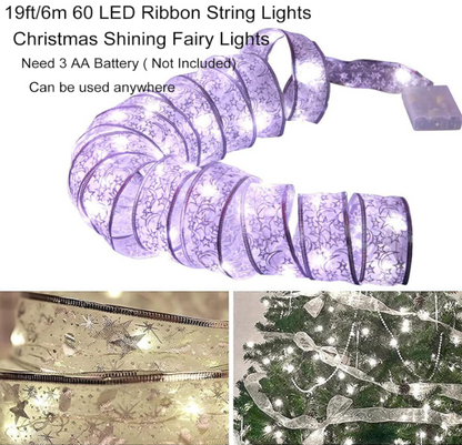 19ft/6m Christmas Tree Ribbon Fairy Lights with 60 LED, Battery Operated, Waterproof Silver Ribbon Lights for Indoor and Outdoor Xmas and New Year Decorations