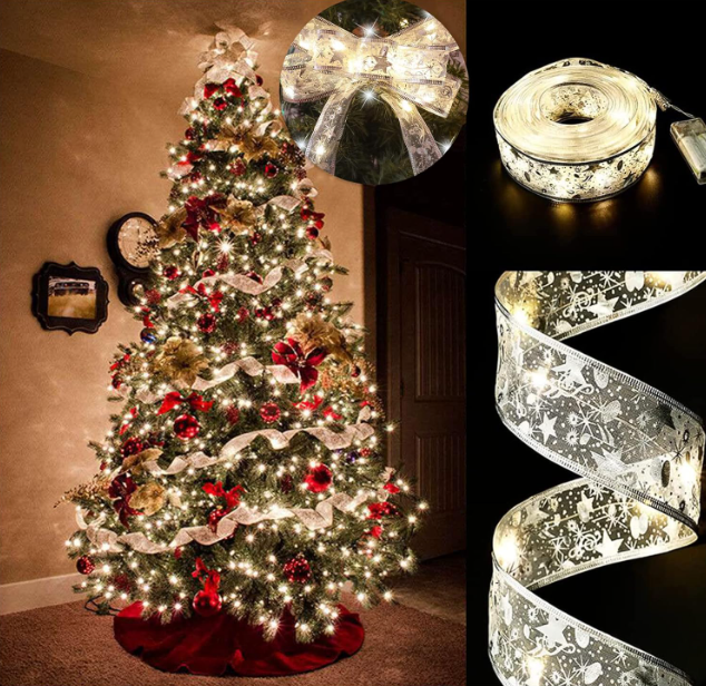 19ft/6m Christmas Tree Ribbon Fairy Lights with 60 LED, Battery Operated, Waterproof Silver Ribbon Lights for Indoor and Outdoor Xmas and New Year Decorations