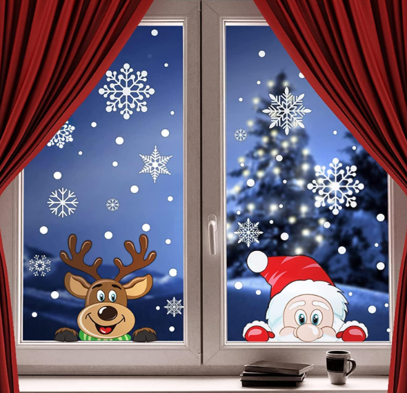 300 PCS Christmas Snowflake Window Cling Stickers - Double-sided, Reusable Santa Claus and Reindeer Holiday Decals for Glass Surfaces