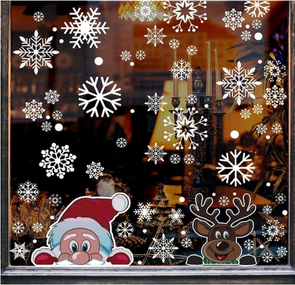 300 PCS Christmas Snowflake Window Cling Stickers - Double-sided, Reusable Santa Claus and Reindeer Holiday Decals for Glass Surfaces