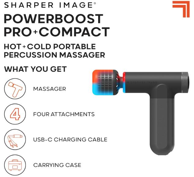 Sharper Image PowerBoost Pro Plus Compact Hot and Cold Percussion Massager, showcasing control buttons and sleek, portable design