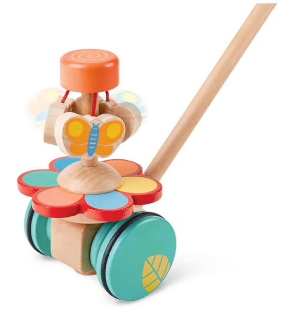 Dancing Butterflies Toddler Wooden Push and Pull Toy featuring colorful butterflies circling a flower, designed for children aged 12 months to 3 years