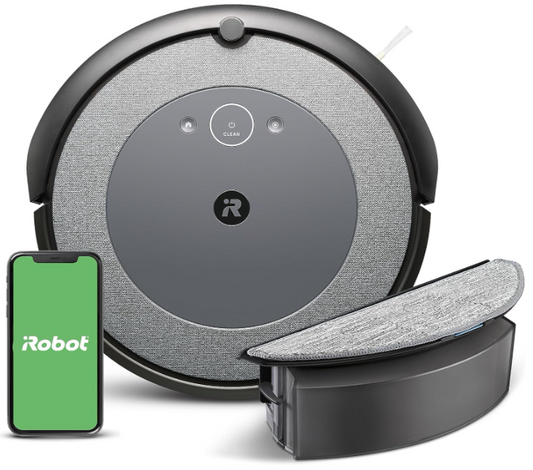 iRobot® Roomba Combo™ i5 Robot Vacuum and Mop cleaning a hardwood floor, showcasing its dual functionality of vacuuming and mopping simultaneously