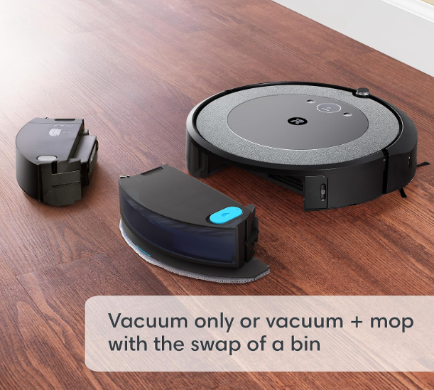 iRobot® Roomba Combo™ i5 Robot Vacuum and Mop cleaning a hardwood floor, showcasing its dual functionality of vacuuming and mopping simultaneously