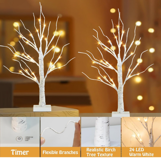 Lighted Birch Tree for Christmas Decor – 2 Pack 2FT Tabletop Tree with 24 Warm White Lights - Toys Winner