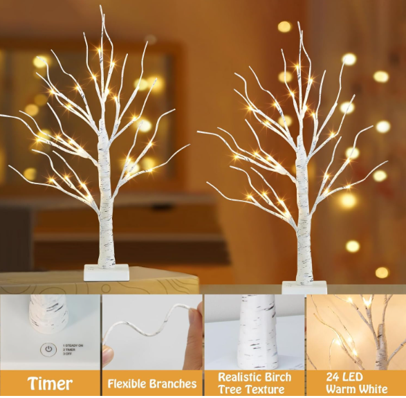 Lighted Birch Tree 2 Pack – 2FT Tabletop Christmas Décor with 24 Warm White LED Lights for Home Centerpiece