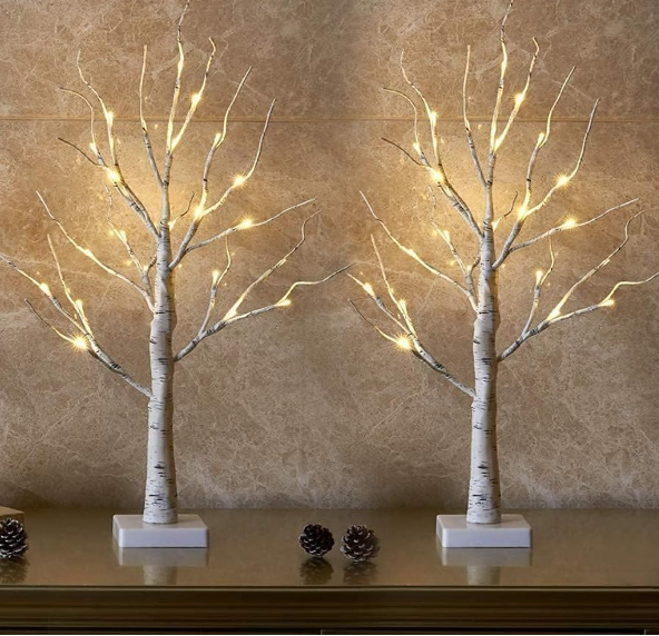 Lighted Birch Tree 2 Pack – 2FT Tabletop Christmas Décor with 24 Warm White LED Lights for Home Centerpiece