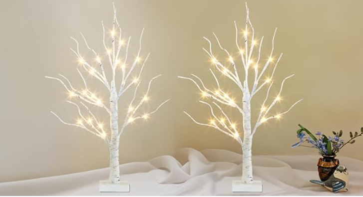 Lighted Birch Tree 2 Pack – 2FT Tabletop Christmas Décor with 24 Warm White LED Lights for Home Centerpiece