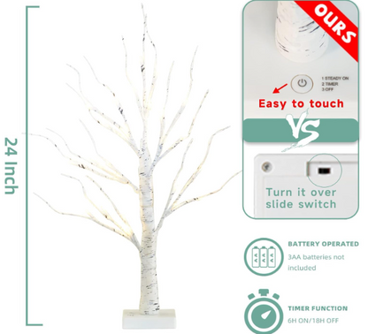 Lighted Birch Tree 2 Pack – 2FT Tabletop Christmas Décor with 24 Warm White LED Lights for Home Centerpiece