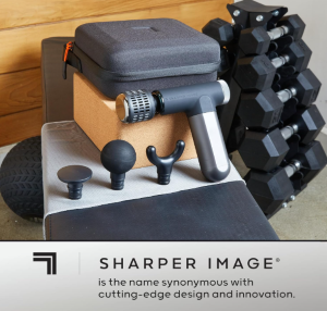 Sharper Image PowerBoost Pro Plus Compact Hot and Cold Percussion Massager, showcasing control buttons and sleek, portable design