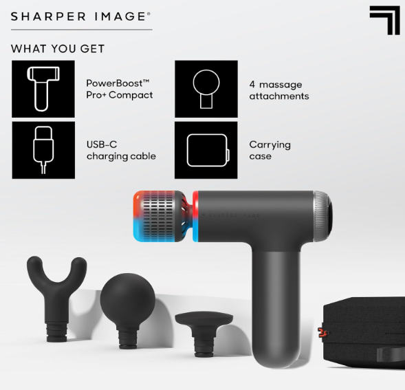 Sharper Image PowerBoost Pro Plus Compact Hot and Cold Percussion Massager, showcasing control buttons and sleek, portable design