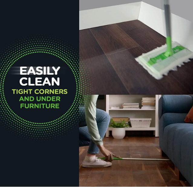 Swiffer Sweeper cleaning hardwood floor with dry cloth